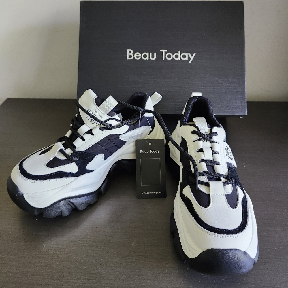 Beau Today Chunky Black Cow Suede White Leather Athletic Sneakers Wom S 6.5M NWB